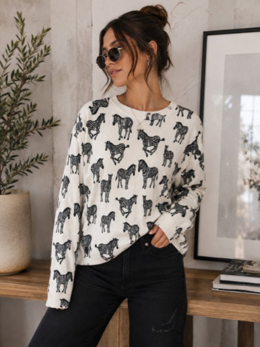 Grace Elements Zebra Print Cashmere Blend Lightweight Sweater Size L
